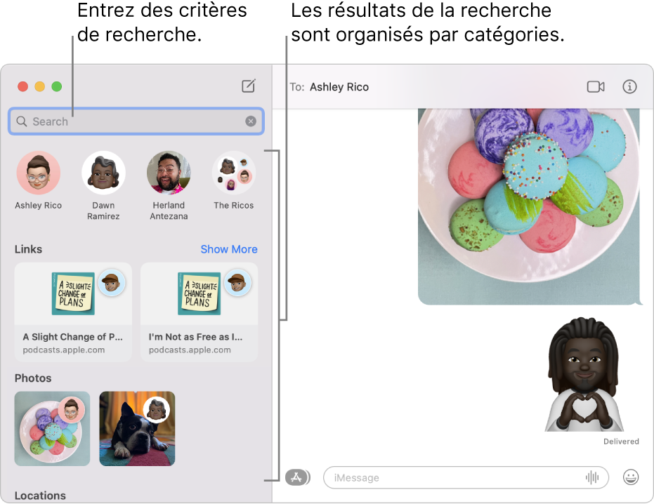 La fenêtre de Messages qui affiche des critères de recherche dans le champ de recherche situé dans le coin supérieur gauche. Les résultats de recherche s’affichent sous le champ de recherche, par catégories, comme Conversations, Liens et Photos.