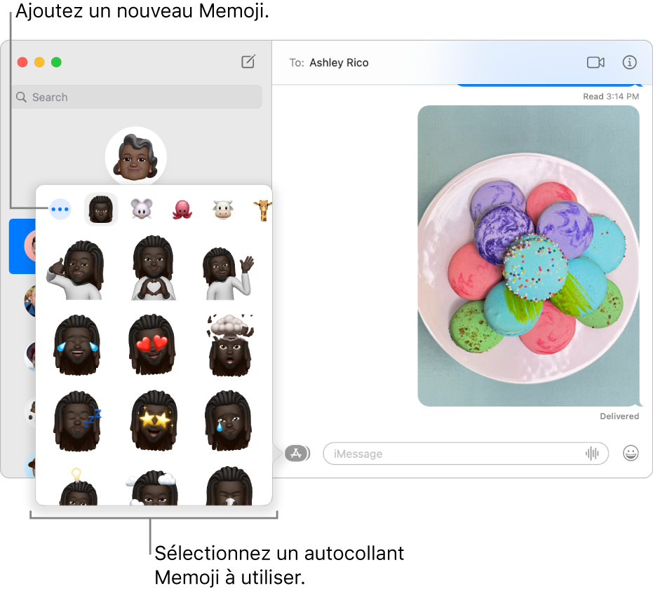 La fenêtre Messages avec plusieurs conversations dans la barre latérale de gauche, ainsi qu’une transcription ouverte sur la droite. Lorsque vous choisissez « Autocollants Memoji » depuis le bouton Apps, vous pouvez sélectionner un autocollant Memoji à utiliser ou en créer un.