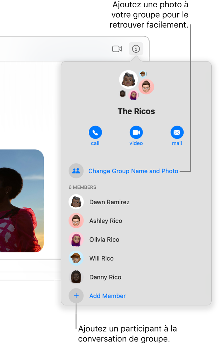 Vue détaillée s’affichant après avoir cliqué sur le bouton Détails dans une conversation de groupe. « Ajouter un membre » apparaît en dessous du nom du dernier participant dans la liste. Vous pouvez modifier le nom et la photo du groupe juste au-dessus des noms des participants.