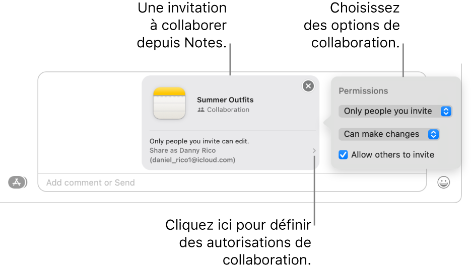 Gros plan sur le champ du message texte en bas de la conversation Messages. Vous pouvez voir une invitation à collaborer sur une note. Vous pouvez cliquer sur le côté droit de l’invitation pour définir les autorisations de collaboration.