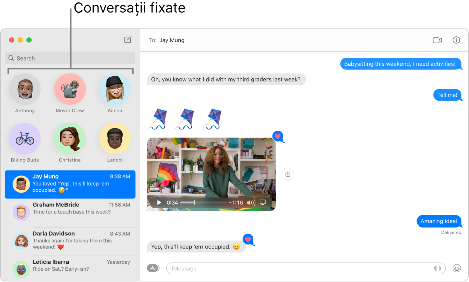 Aplicația Mesaje cu mai multe conversații fixate în partea stângă a ferestrei.
