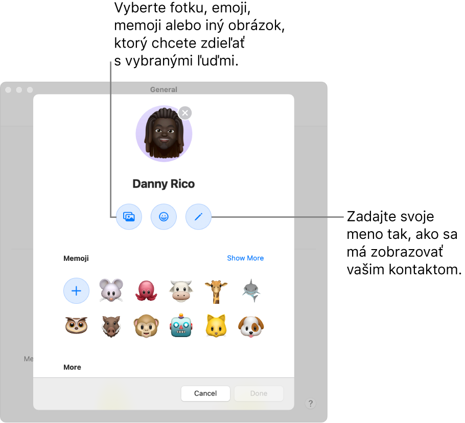 Pri nastavovaní zdieľania mena a fotky si môžete vybrať fotku, emoji, memoji alebo iný obrázok, ktorý sa bude zdieľať s vybranými osobami. Okrem toho môžete zadať svoje meno tak, ako chcete aby sa zobrazovalo ostatným kontaktom.