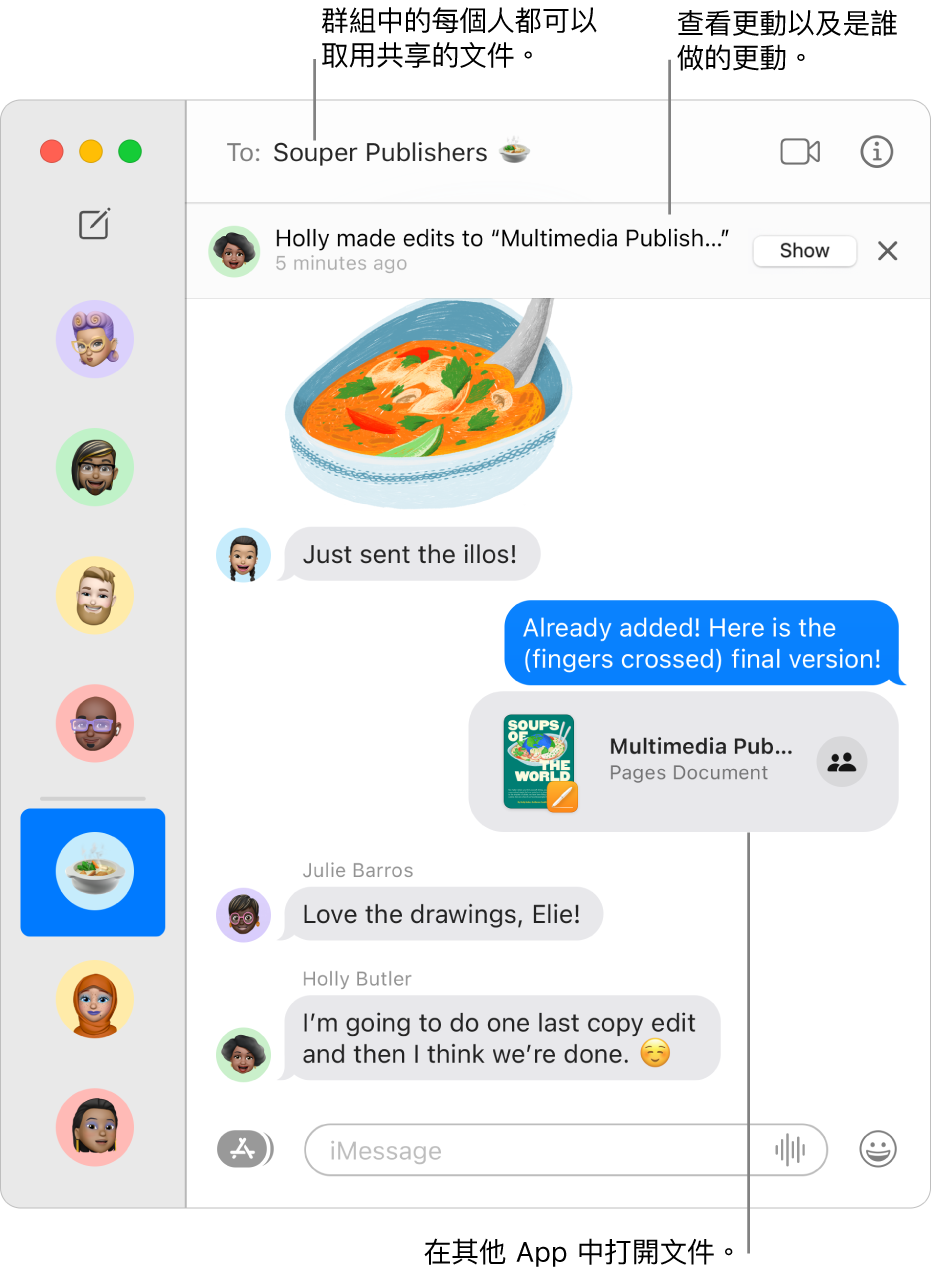 打開對話的「訊息」視窗，右側則顯示聊天記錄。有幾個項目已醒目提示：與群組共享、可透過聊天記錄在 Pages 中打開的 Pages 文件；視窗最上方為群組名稱，所有成員可在此取用共享的文件；沿著聊天記錄最上方的橫幅顯示進行更動的成員。