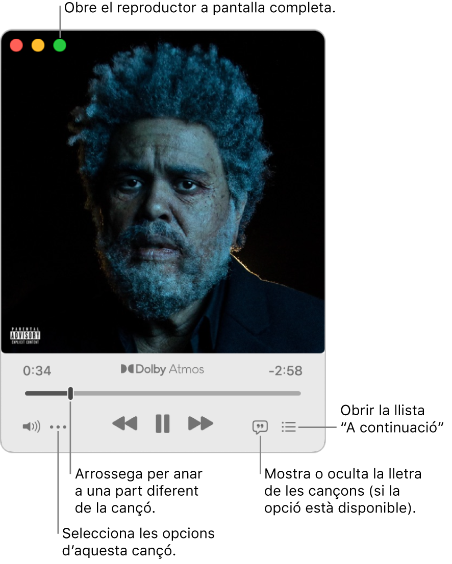 El minireproductor expandit amb els controls de la cançó que s’està reproduint. A l’angle superior esquerra hi ha els controls de finestra que es fan servir per obrir i tancar el reproductor a pantalla completa. La part principal de la finestra mostra la il·lustració de l’àlbum de la cançó que s’està reproduint. A sota de la il·lustració hi ha un regulador per anar a una part diferent de la cançó i botons per ajustar el volum, mostrar la lletra i veure què es reproduirà a continuació.