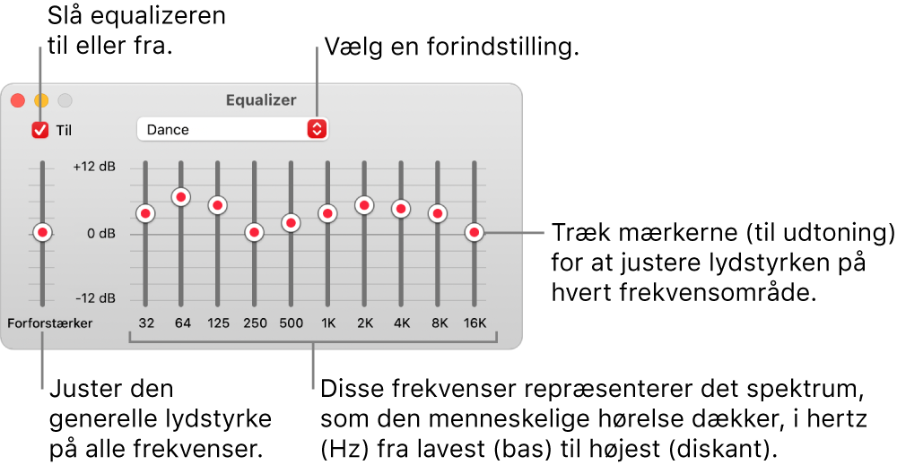 Equalizer-vinduet: Afkrydsningsfeltet, der bruges til at slå Musik-equalizeren til, er anbragt i øverste venstre hjørne. Ved siden af findes lokalmenuen med forindstillinger til equalizeren. Yderst til venstre kan du justere den generelle lydstyrke med forforstærkeren Under forindstillingerne til equalizeren kan du justere lydniveauet på de forskellige frekvensområder, der repræsenterer det spektrum fra det laveste til det højeste, som det menneskelige øre kan opfatte.