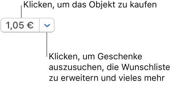 Eine Taste mit einer Preisangabe Klicke auf den Preis, um das Objekt zu kaufen. Klicke auf den Pfeil neben dem Preis, um das Objekt einem Freund zu schenken, es zur Wunschliste hinzuzufügen und mehr.