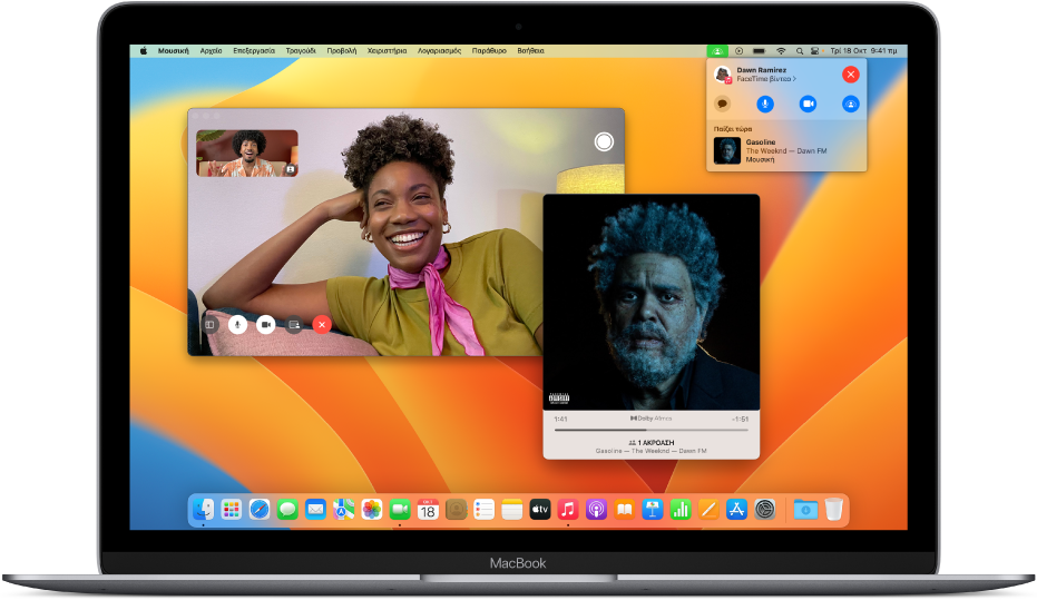 Το παράθυρο FaceTime όπου φαίνεται μια κλήση με τους συμμετέχοντες που χρησιμοποιούν το SharePlay για να ακούσουν μαζί ένα άλμπουμ.