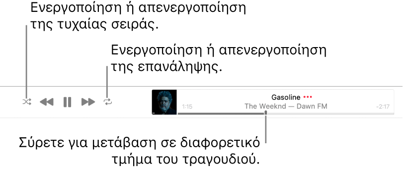 Το μπάνερ με ένα τραγούδι που αναπαράγεται. Το κουμπί «Τυχαία σειρά» βρίσκεται στην πάνω αριστερή γωνία και το κουμπί «Επανάληψη» βρίσκεται στην πάνω δεξιά γωνία. Σύρετε τη γραμμή αναπαραγωγής για μετάβαση σε διαφορετικό τμήμα του τραγουδιού.