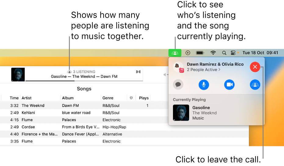 The Apple Music window with a song playing while using SharePlay. The playback window shows how many people are listening to music together. On the right, the SharePlay icon is clicked and you can see who’s listening and the song that’s currently playing. Below that, you can click the Close button.