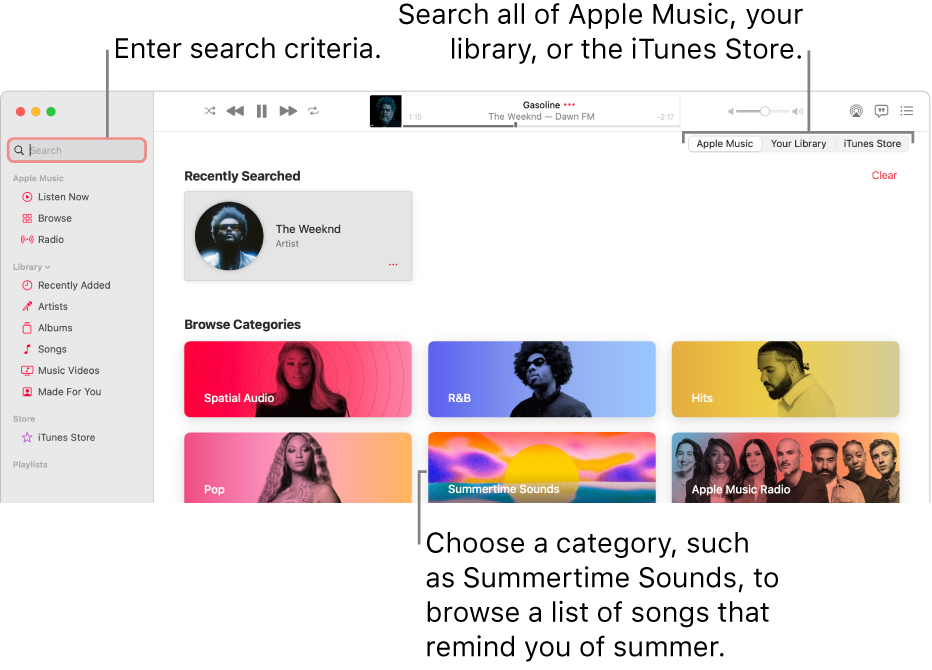 The Apple Music window showing the search field in the top-left corner, the list of categories in the center of the window, and Apple Music, Your Library, and iTunes Store available in the top-right corner. Enter search criteria in the search field, then choose to search all of Apple Music, just your library, or the iTunes Store.