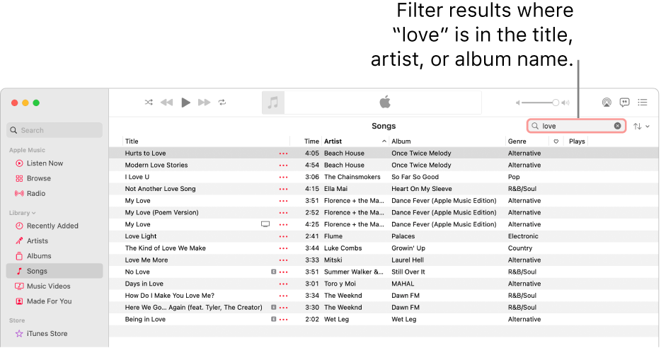 The Apple Music window showing the list of songs that appear when “love” is entered in the filter field in the top-right corner. The songs in the list include the word “love” in their title, artist, or album name.