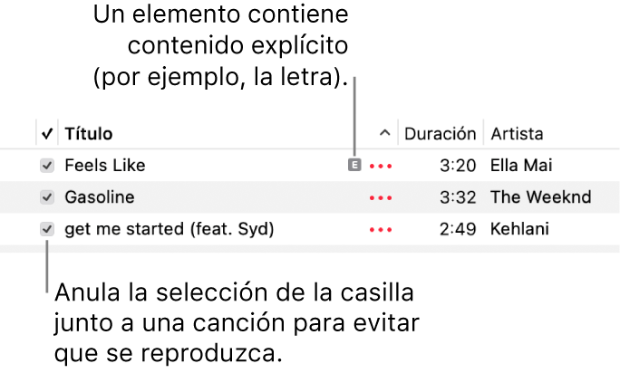 Detalle de la lista de canciones en Música, con las casillas a la izquierda y el símbolo de contenido explícito para la primera canción (que indica que su contenido es explícito, por ejemplo, la letra). Anula la selección junto a una canción para evitar que se reproduzca.