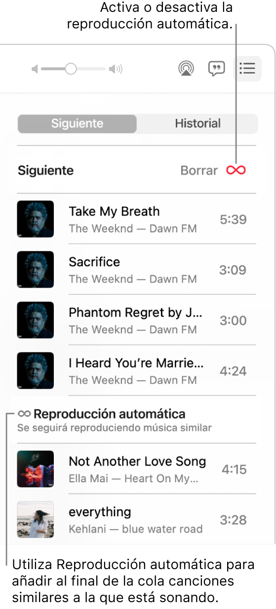 La fila Siguiente. Haz clic en el botón Reproducción automática para activarlo o desactivarlo. Cuando está activada la Reproducción automática, se agregan canciones similares al final de la fila.