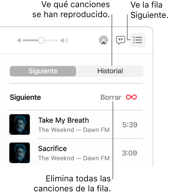 La esquina superior derecha de la ventana de Música con el botón Siguiente en la tira mostrando la fila Siguiente. Haz clic en el enlace Historial para ver las canciones reproducidas anteriormente. Haz clic en el enlace Borrar para eliminar todas las canciones de la fila.