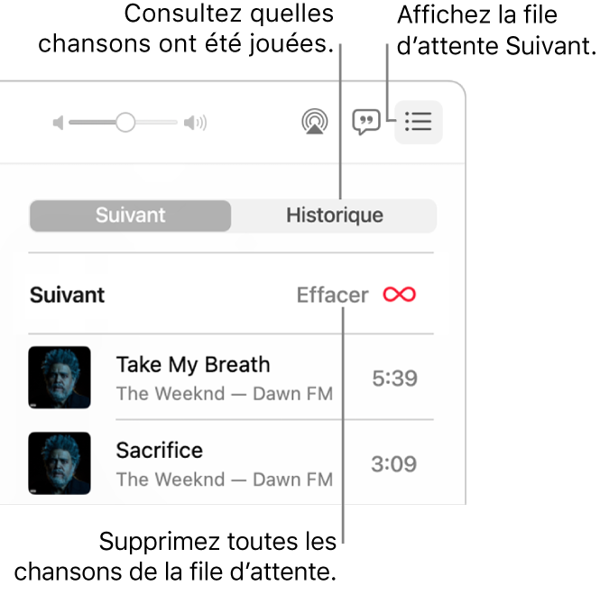 Le coin supérieur droit de la fenêtre Musique avec le bouton Suivant dans la bannière affichant la liste d’écoute Suivant. Cliquez sur le lien Historique pour afficher la liste de chansons déjà écoutées. Cliquez sur le lien Effacer pour en supprimer toutes les chansons.