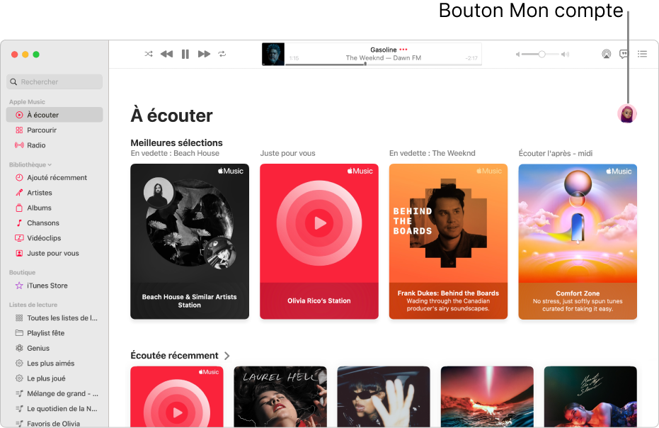 La fenêtre d’Apple Music affichant à l’écoute. Le bouton « Mon compte » (une photo ou un monogramme) se trouve dans le coin supérieur droit de la fenêtre.