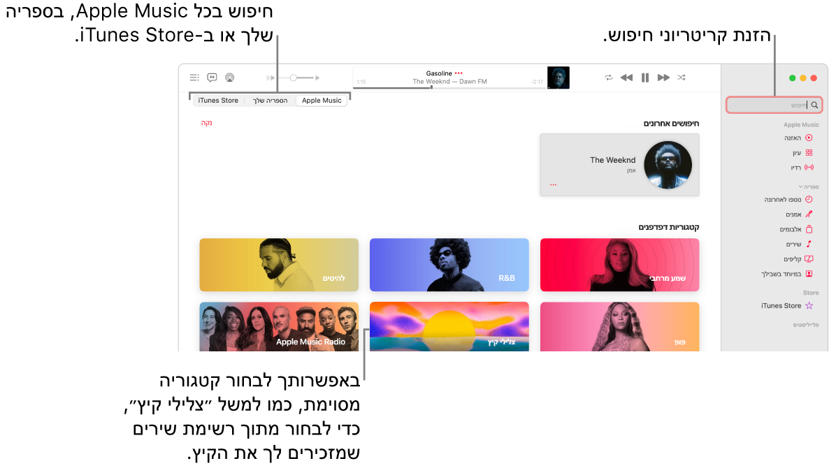 החלון של Apple Music מציג את שדה החיפוש בפינה הימנית העליונה, רשימת הקטגוריות במרכז החלון, ו‑ Apple Music, :״הספריה שלך״ ו‑iTunes Store זמינים בפינה השמאלית העליונה. הזן/י מונח חיפוש בשדה החיפוש ובחר/י אם לחפש בכל Apple Music, רק בספריה שלך או ב‑iTunes Store.