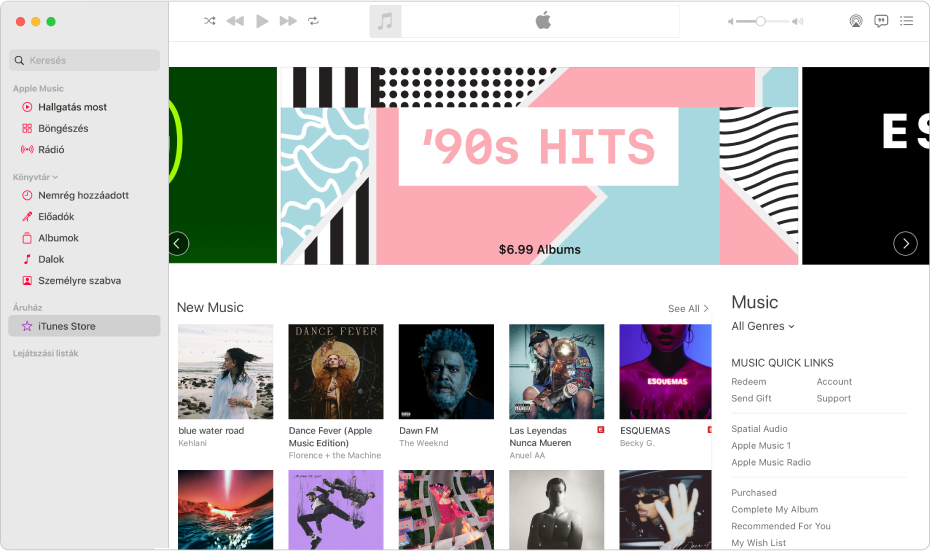 Az iTunes Store fő ablaka: az oldalsávon ki van jelölve az iTunes Store.