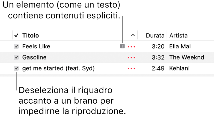 Dettaglio dell'elenco dei brani in Musica, con i riquadri e un simbolo esplicito per il primo brano (indicante che il brano ha contenuti espliciti ad esempio nel testo). Deseleziona il riquadro accanto a un brano per impedirne la riproduzione.