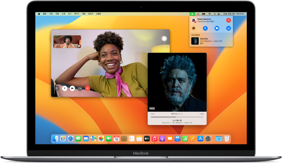 앨범을 함께 듣기 위해 SharePlay를 사용하여 참여자와 전화하는 모습을 보여주는 FaceTime 윈도우.