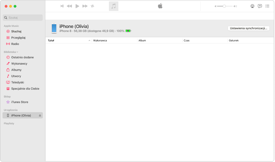 Okno Muzyki z urządzeniem na pasku bocznym. Urządzenie nosi nazwę iPad (Julia). W prawym górnym rogu widoczny jest przycisk Ustawienia synchronizacji, który otwiera Findera.