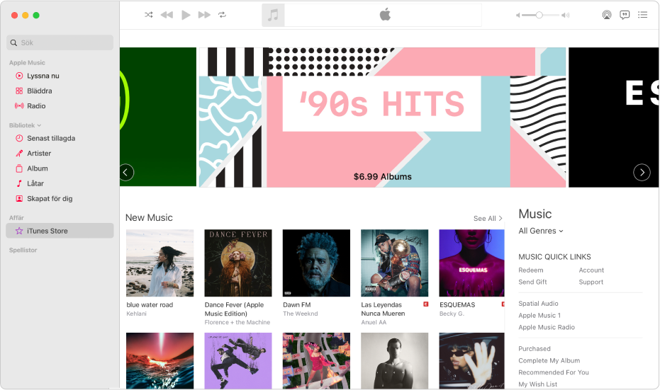 Huvudfönstret i iTunes Store: iTunes Store är markerat i sidofältet.