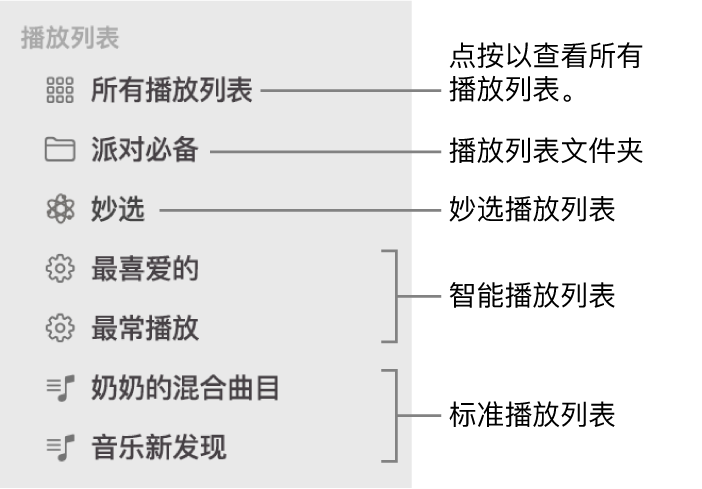 “音乐”边栏显示不同类型的播放列表：妙选播放列表、智能播放列表和标准播放列表。点按“所有播放列表”以查看所有播放列表。