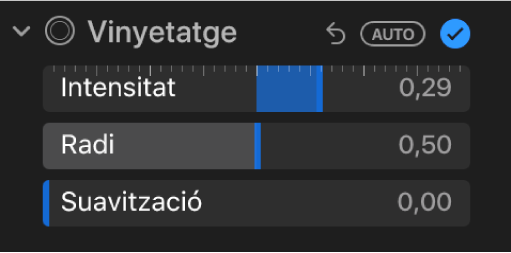 Els controls de Vinyetatge al tauler Ajustar amb els reguladors Intensitat, Radi i Suavització.