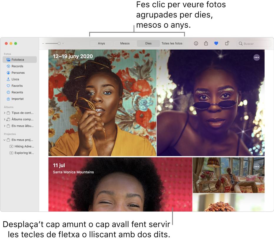 La finestra de l’app Fotos que mostra la vista Dies seleccionada a la barra d’eines i les fotos organitzades per data a la secció principal de la finestra.