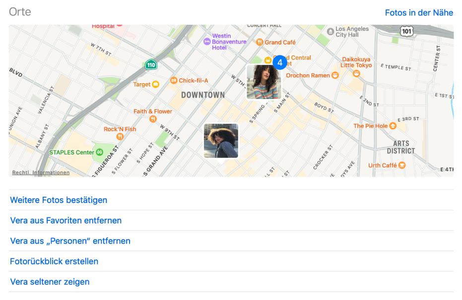 Eine Karte mit Miniaturen, die Orte zeigen, an denen die Fotos einer Person aufgenommen wurden; unter der Karte befinden sich Befehle, mit denen die Einstellungen für Personen geändert werden können.