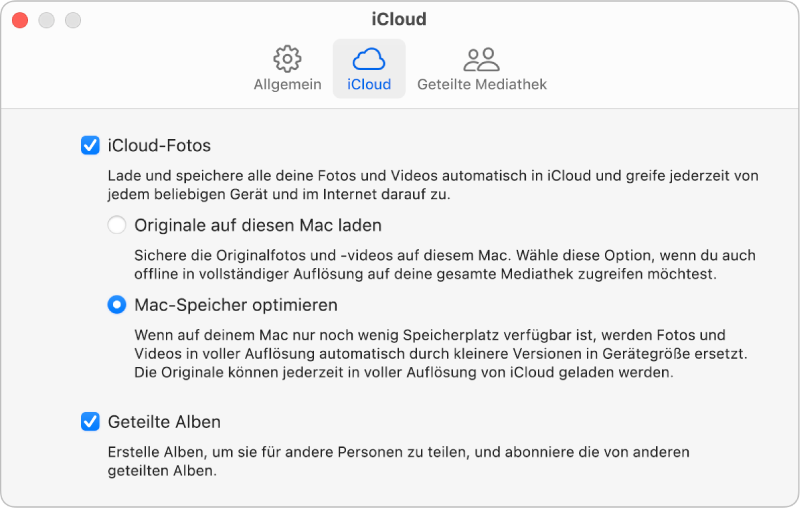 Bereich „iCloud“ der Einstellungen für die App „Fotos“.