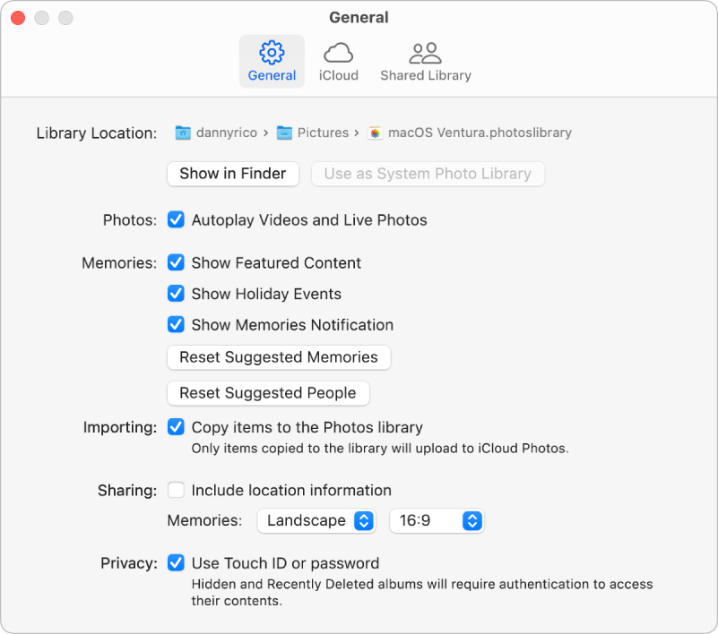 The General pane of Photos settings.