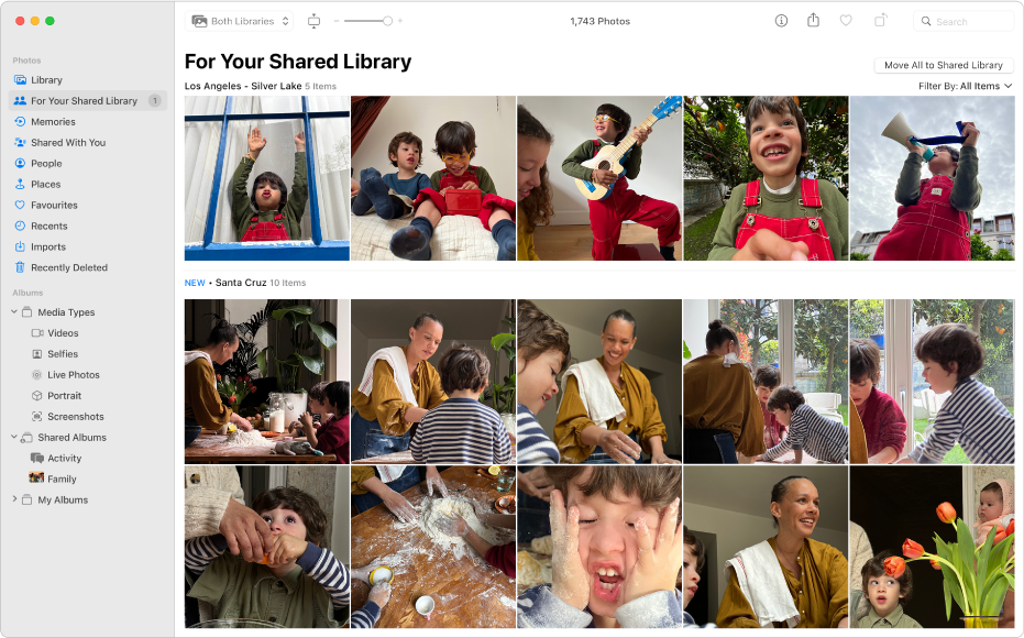 The Photos window showing For Your Shared Library selected in the sidebar and suggested photos to add to the Shared Library on the right.