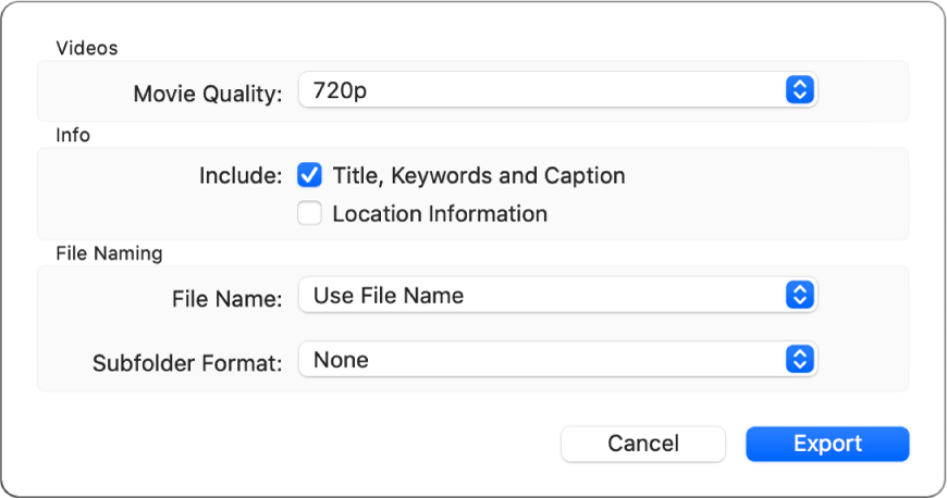 A dialogue showing options for exporting videos.