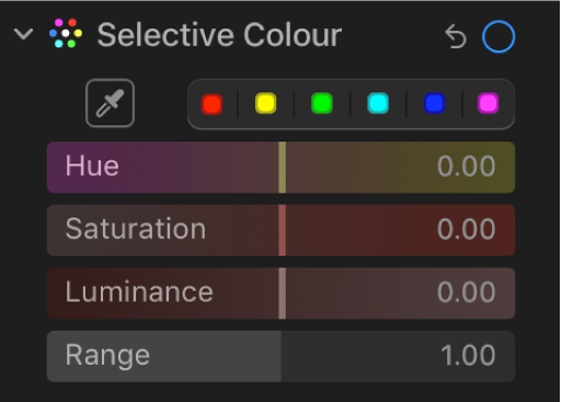 The Selective Colour controls in the Adjust pane, showing the Hue, Saturation, Luminance and Range sliders.