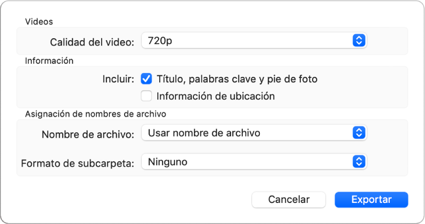 Un diálogo que muestra opciones para exportar videos.