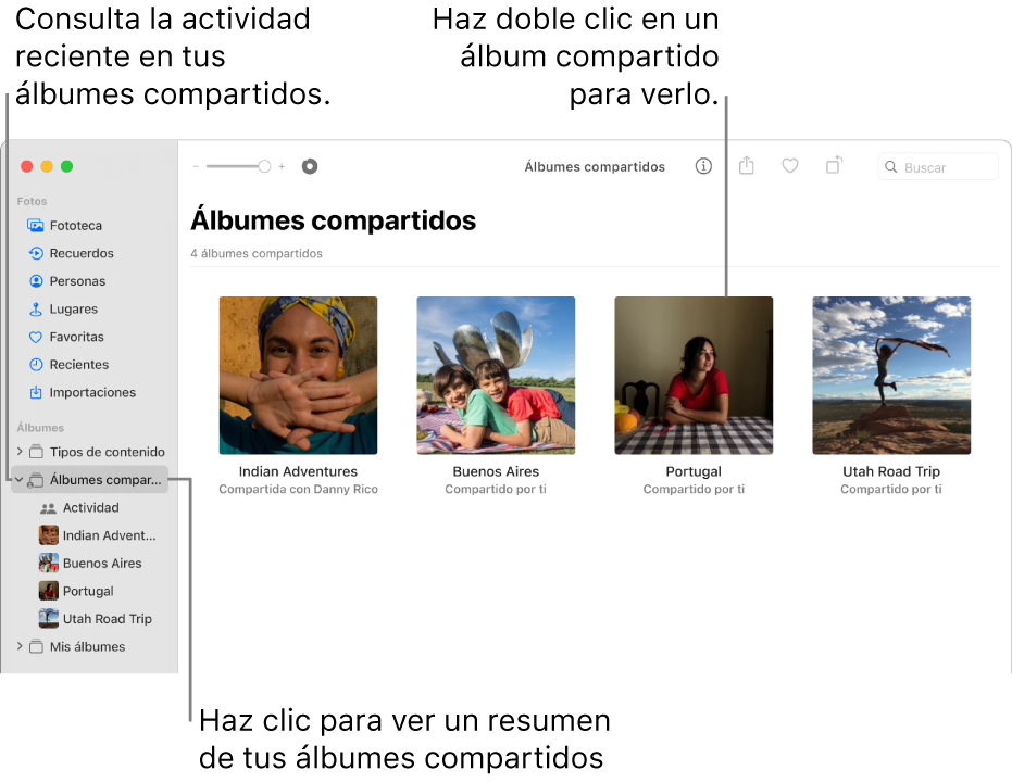 La ventana de Fotos mostrando la opción Álbumes compartidos seleccionada en la barra lateral y los álbumes compartidos se muestran a la derecha.