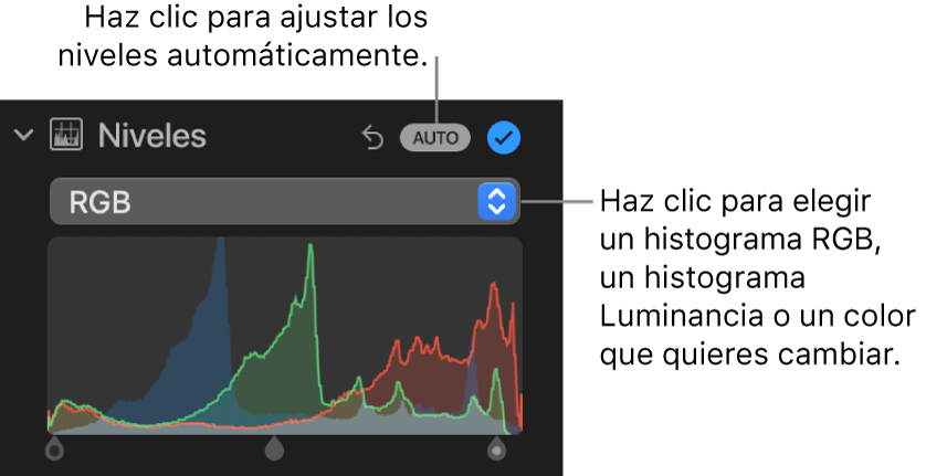 Los controles de Niveles en el panel Ajustar, con el botón Automático en la sección superior derecha y el histograma en RGB debajo.