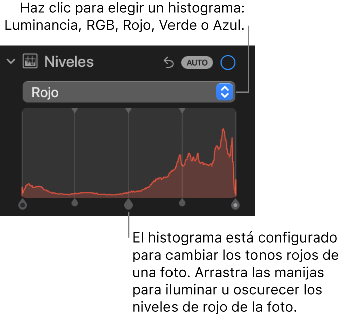 Los controles de Niveles en el panel Ajustar, que muestra el histograma en Rojo con tiradores en la parte inferior para ajustar los niveles de rojo de la foto.