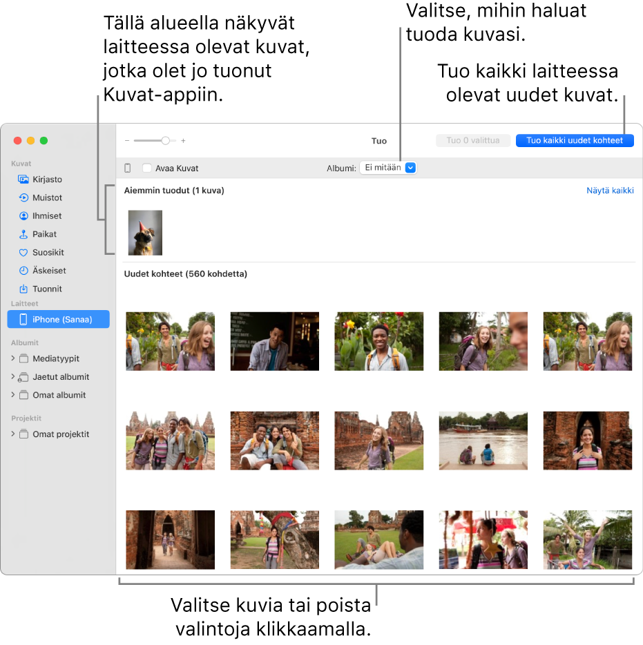 Kuvat, jotka laitteesta on jo tuotu, näkyvät Tuonti-ikkunan yläreunassa; uudet kuvat ovat alhaalla. Ylhäällä keskellä on Albumi-ponnahdusvalikko. Tuo kaikki uudet kohteet -painike on yläoikealla.