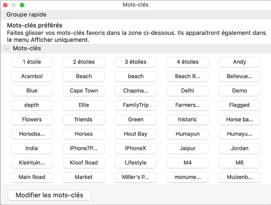 Des mots-clés dans la fenêtre « Gestionnaire de mots-clés », avec la zone « Groupe rapide » en haut et un bouton « Modifier les mots-clés » en bas à gauche.