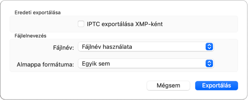 Egy párbeszédpanel, amely beállításokat kínál a fotófájlok exportálásához eredeti formátumukba.