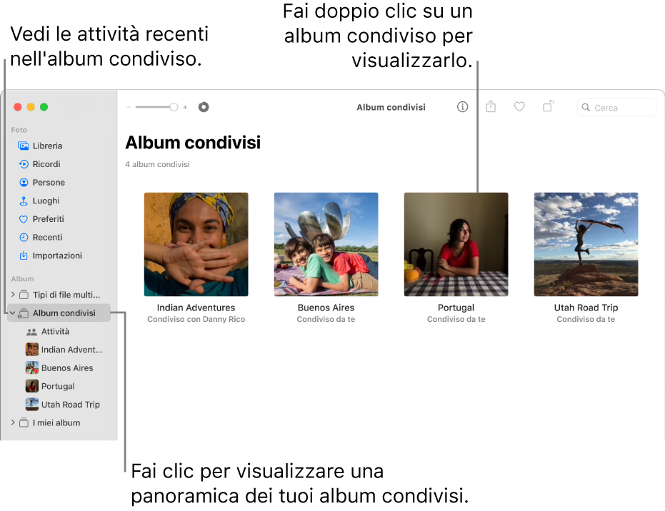 Finestra di Foto con l'opzione “Album condivisi” selezionata nella barra laterale e gli album condivisi che vengono visualizzati sulla destra.