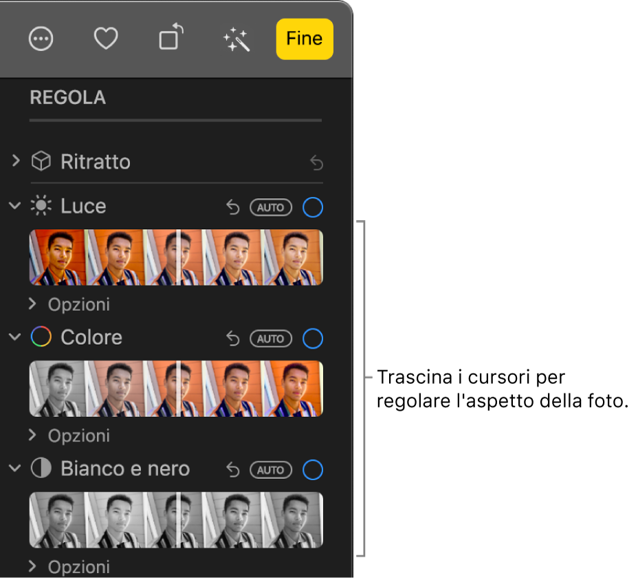 I cursori Luce, Colore e “Bianco e nero” nel pannello Regola. Un pulsante Automatico viene visualizzato su ciascun cursore.