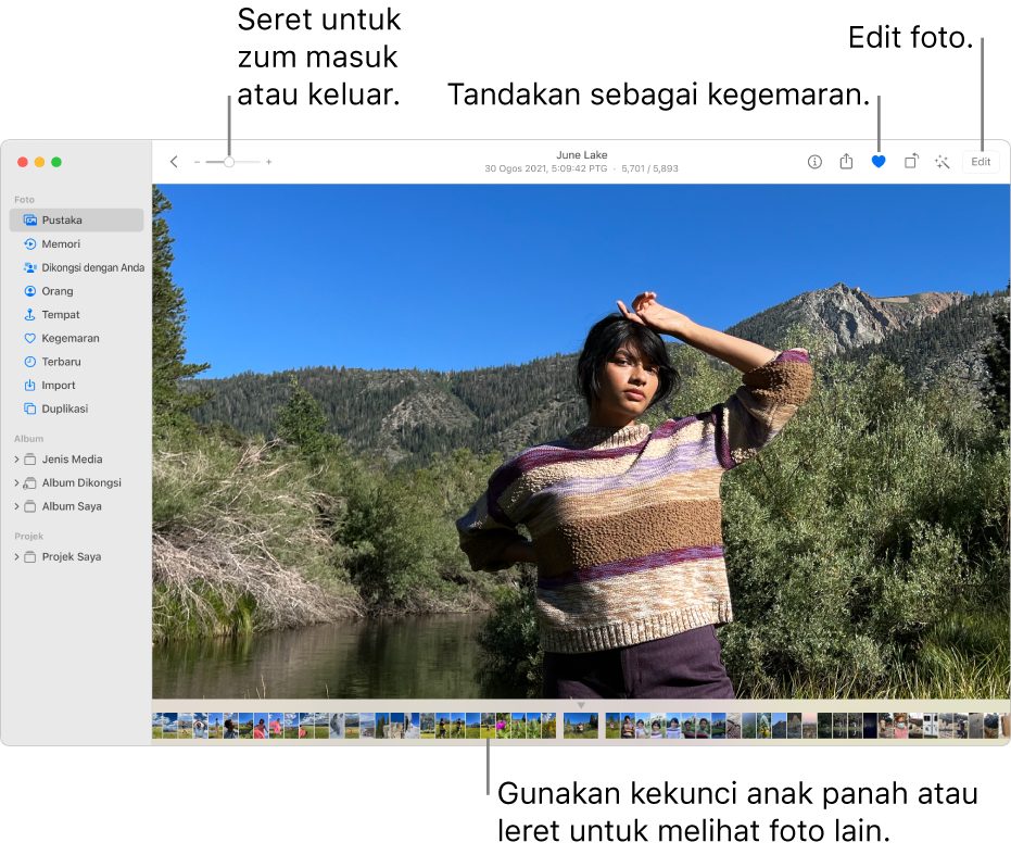 Tetingkap Foto menunjukkan foto dibesarkan di sebelah kanan dengan baris imej kecil di bawah. Bar alat di bahagian atas termasuk gelangsar Zum, butang Kegemaran dan butang Edit.