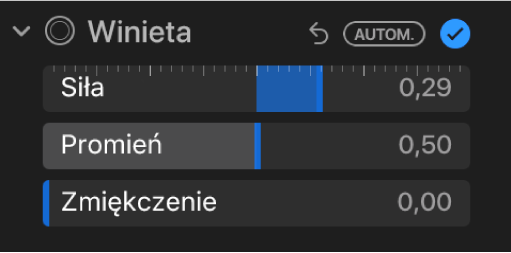 Narzędzia pod etykietą Winieta w panelu Korekta. Widoczne są suwaki Siła, Promień oraz Zmiękczenie.