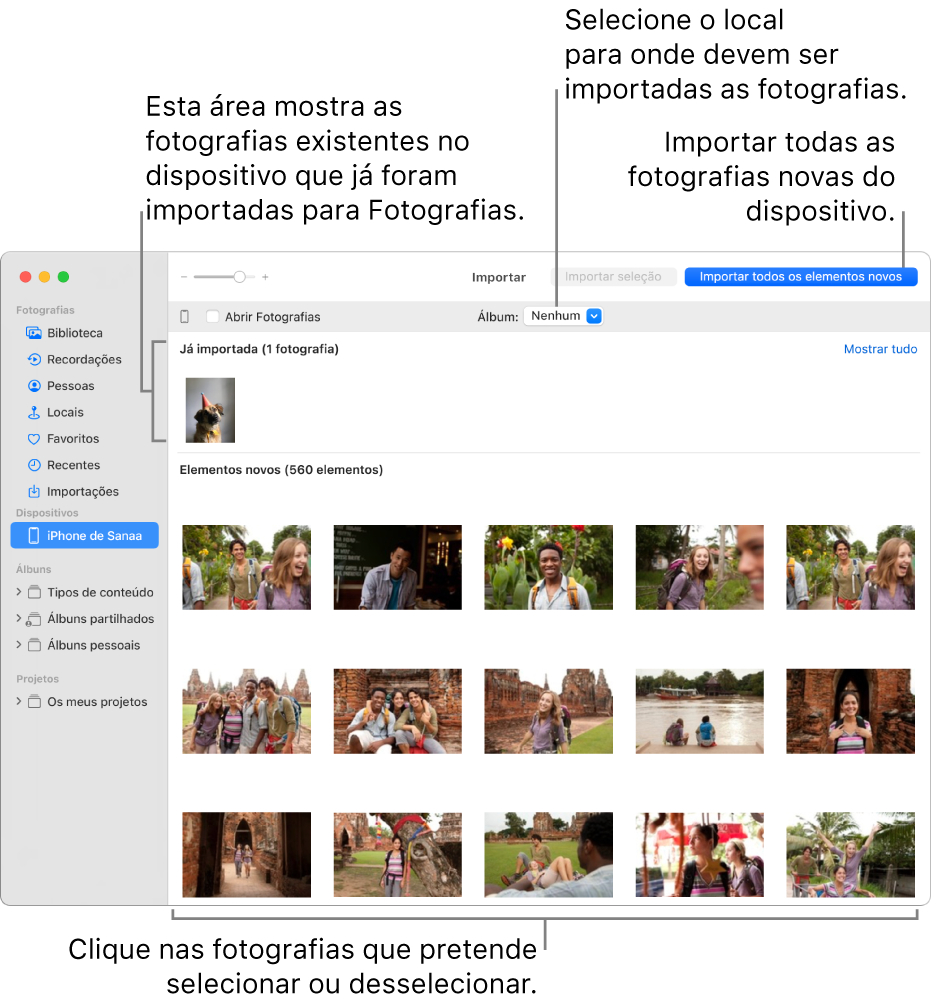 As fotografias do dispositivo que já importou são apresentadas na parte superior da janela Importar e as fotografias novas na parte inferior. Na parte superior, ao centro, encontra-se o menu pop-up “Álbum”. O botão “Importar todos os elementos novos” encontra-se na parte superior direita.