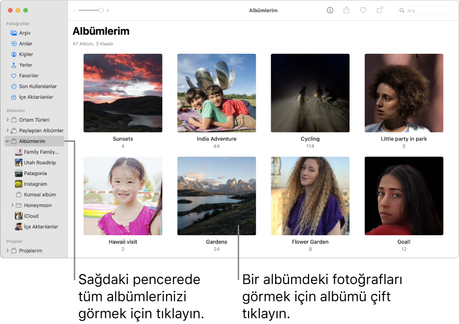 Kenar çubuğunda Albümlerim seçiliyken görünen Fotoğraflar penceresi ve sağdaki pencerede görüntülenen yarattığınız albümler.