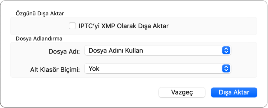 Fotoğraf dosyalarını özgün biçimde dışa aktarma seçeneklerini gösteren sorgu kutusu.