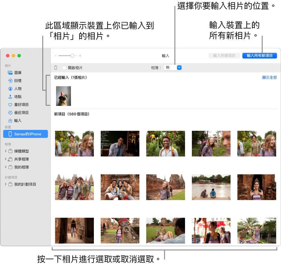 你已從裝置輸入的相片會顯示在「輸入」視窗最上方；新相片位於底部。最上方中間是「相簿」彈出式選單。「輸入所有新項目」按鈕位於右上角。